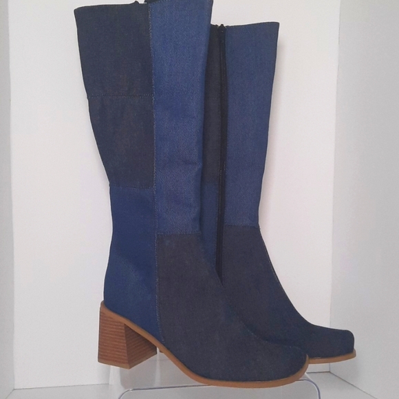 Denim Patchwork Western Cowboy Boots with Block Heel - Picture 1 of 10